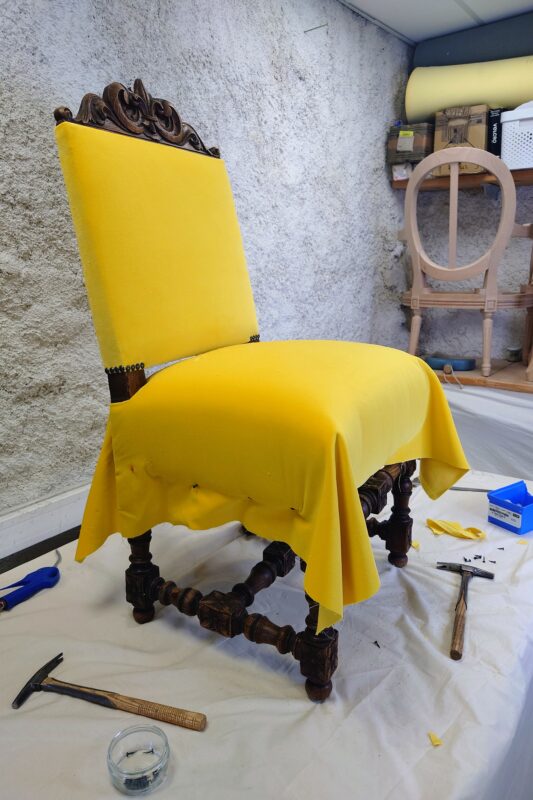 Sunny yellow cotton velvet from Dedar used to reupholster an antique Napoleon III chair