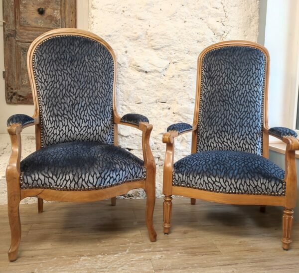 Voltaire armchair reupholstered in velvet